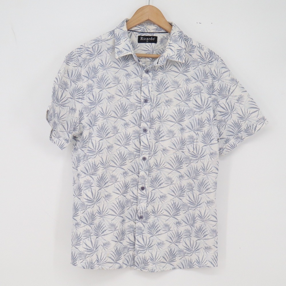 Ricardo Shirt Mens XL Tropical Palm Leaf White Blue Button-Down Good